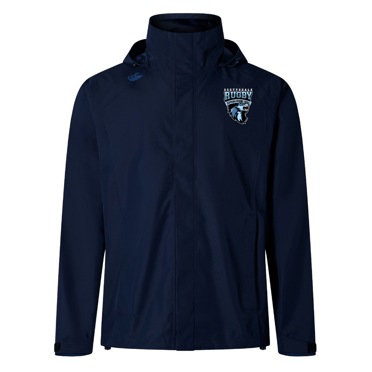 Navy blue Scottsdale Rugby Elite Storm Jacket by EMB Canterbury with a high collar, zipper closure, and an embroidered logo of a rugby team on the left chest.