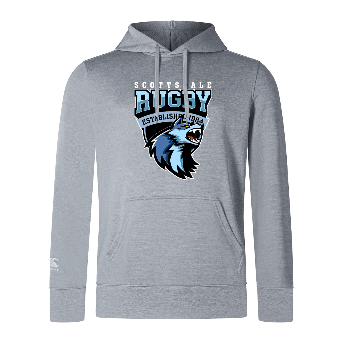 A WRS Canterbury lightweight grey hoodie with "Scottsdale Rugby Club, established 1998" text and a blue wolf logo on the chest.