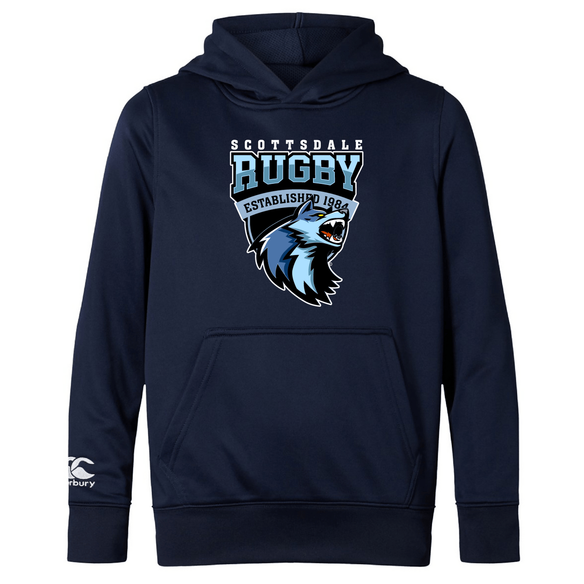 Navy blue lightweight hoodie featuring a graphic logo of "Scottsdale rugby" with a roaring bear design and a kangaroo pocket, established in 1984.
Replace with: Scottsdale Rugby Club Lightweight Hoodie by WRS Canterbury