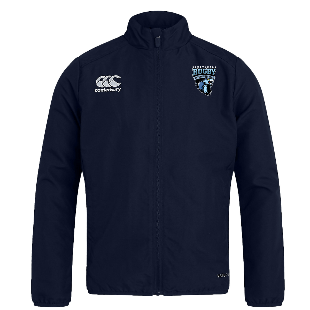 Scottsdale Rugby Club Track Jacket by EMB Canterbury with a zip front, featuring the EMB Canterbury logo on the left chest and a "Southern Rugby" emblem on the right, crafted in lightweight polyester.