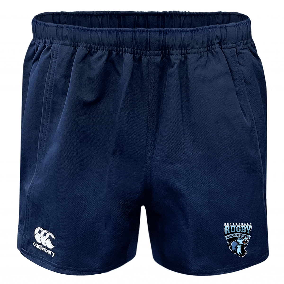 Navy blue Scottsdale Rugby Advantage Rugby Shorts by EMB Canterbury with an elastic waistband, featuring a small white logo on the left thigh and a 'Lehigh Rugby' emblem on the right, made from moisture-wicking fabric.
