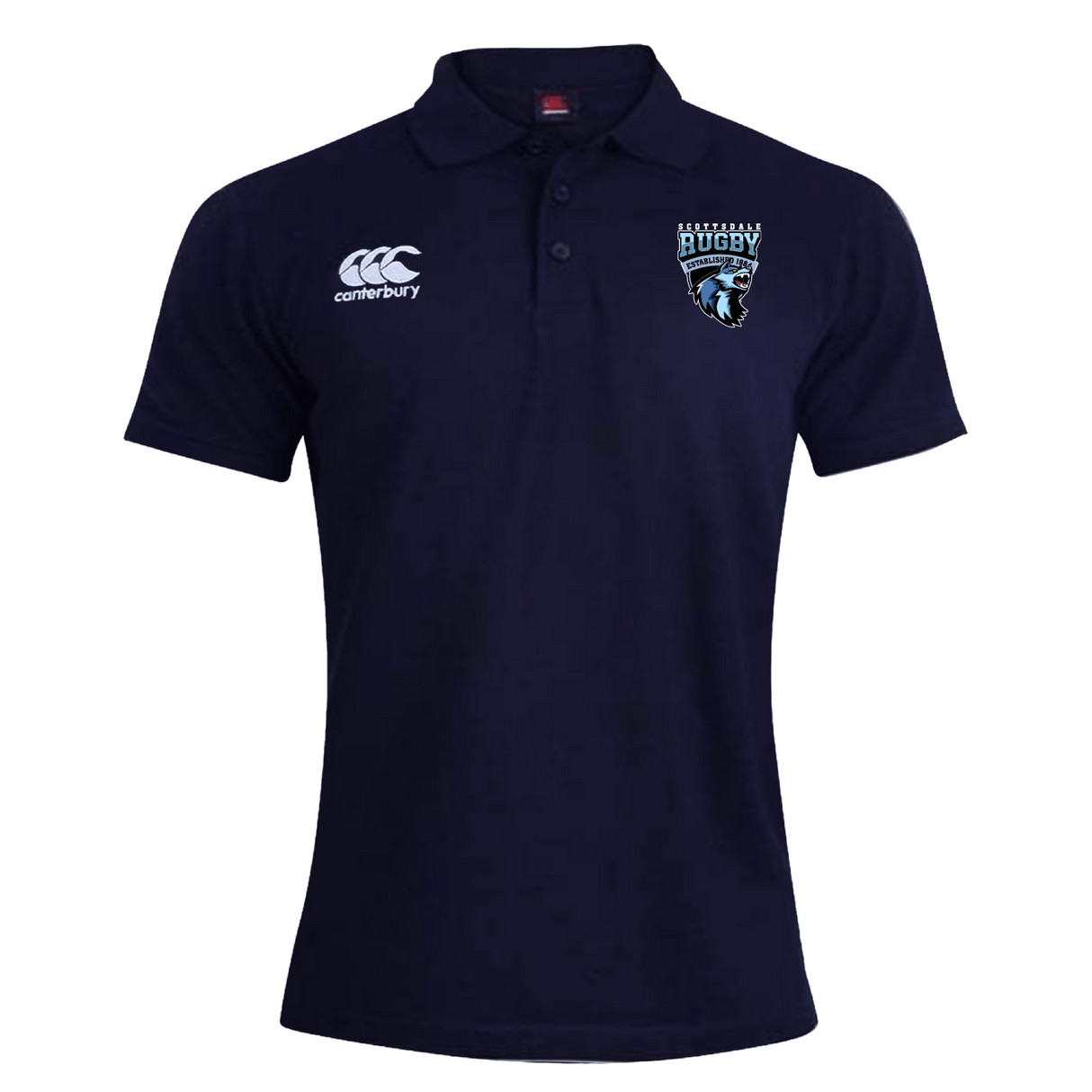 Navy blue Scottsdale Rugby Waimak Polo shirt by EMB Canterbury with Canterbury logo on the right chest and a rugby team emblem on the left chest.