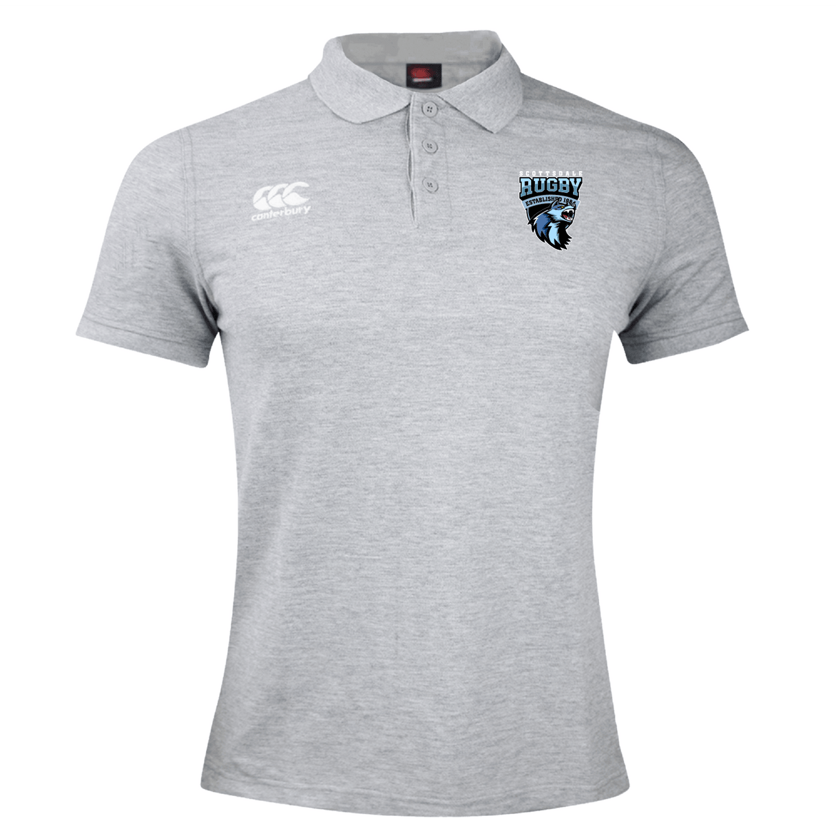 EMB Canterbury Scottsdale Rugby Waimak Polo shirt, gray cotton/polyester blend with Canterbury logo on the right chest and a "rugby" emblem featuring a roaring bear on the left.