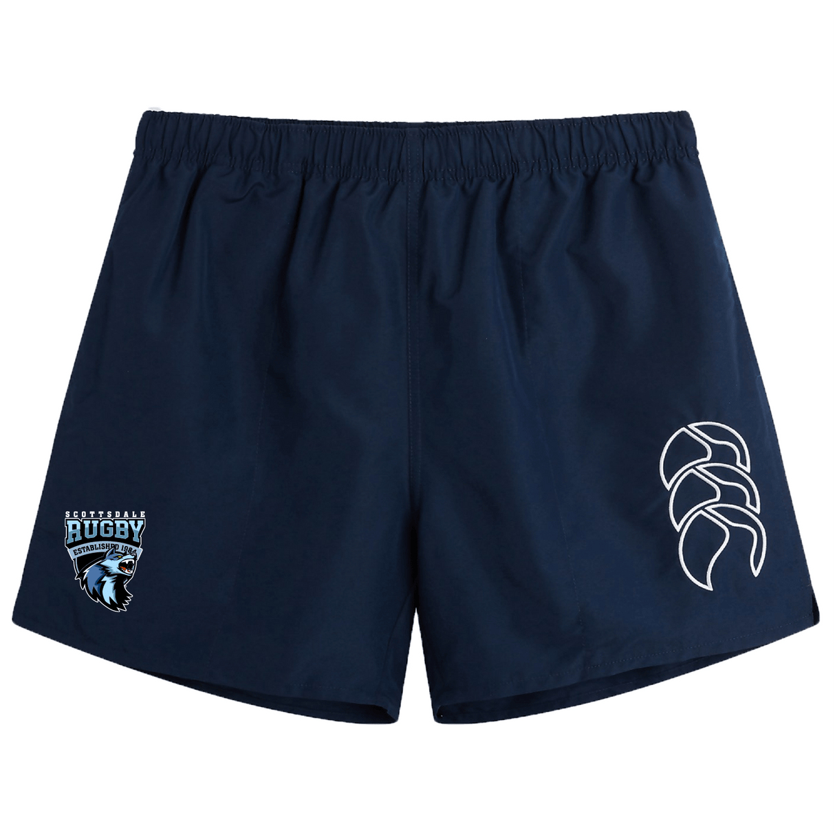Navy blue rugby shorts with an elasticated waist and an embroidered logo featuring a stylized ball and "rugby" text on the left leg, Scottsdale Rugby Tactic Short by EMB Canterbury.