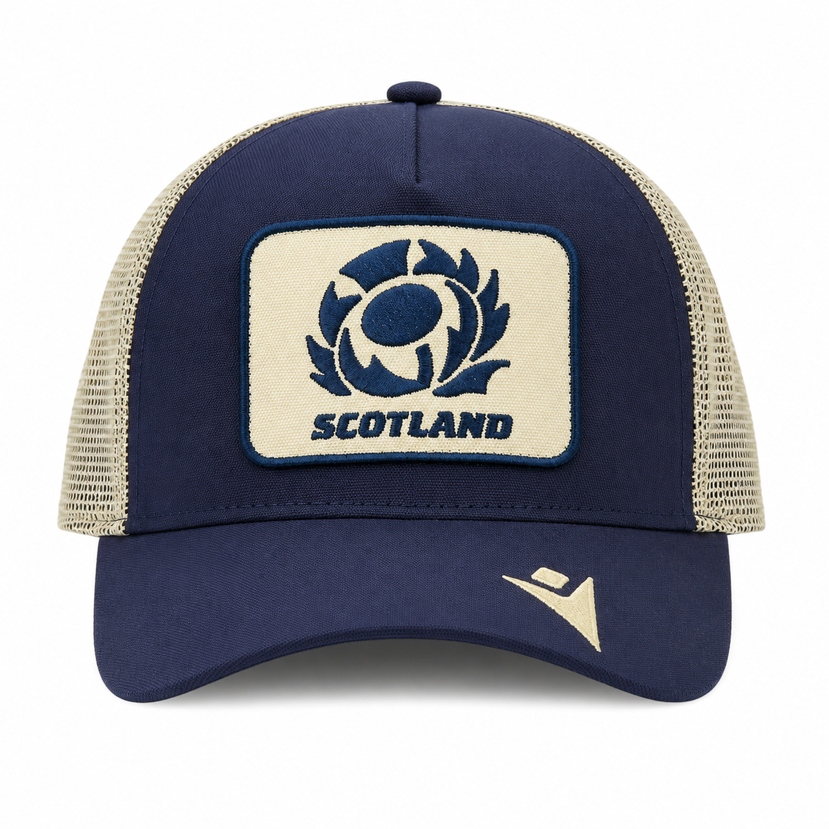 The Scotland SRU 26/27 Trucker Cap by Macron features a navy blue and beige mesh design, with "Scotland" text and a rugby logo patch on the front, styled like the official Scotland SRU trucker cap.