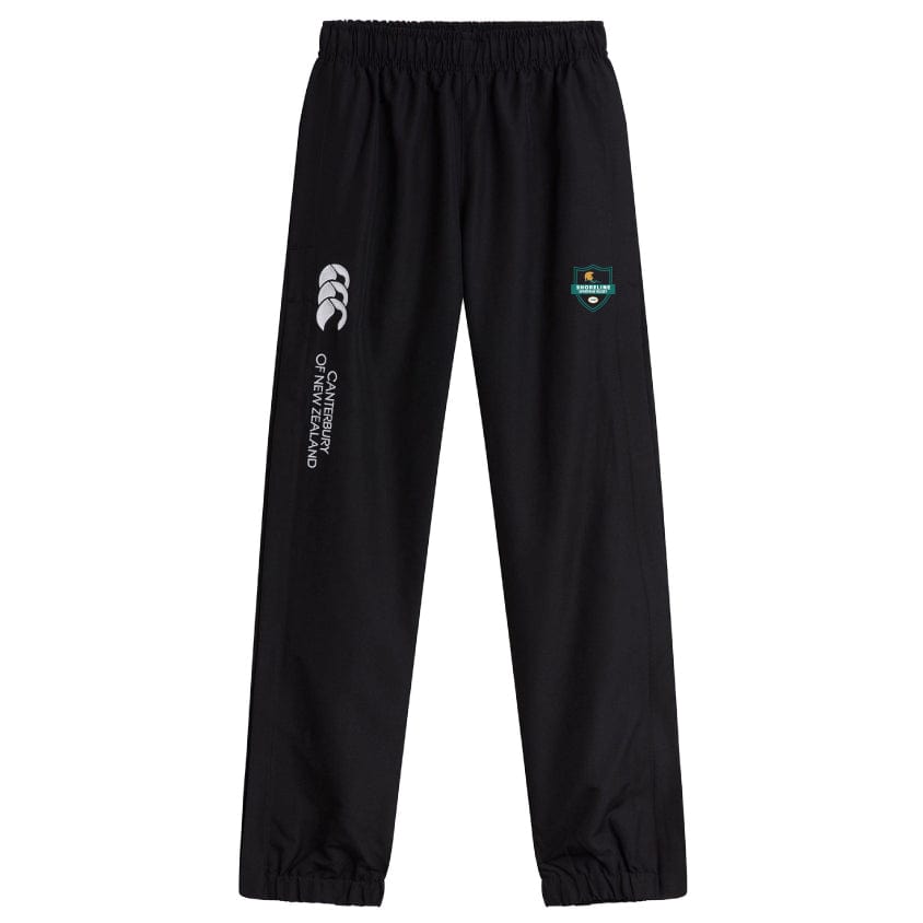 Shoreline Spartans Cuffed Hem Stadium Pant by EMB Canterbury feature a "Canterbury of New Zealand" logo and a small shield emblem on the left thigh, along with elastic waist and ankles. These quick-drying pants are perfect for performance on the rugby pitch.