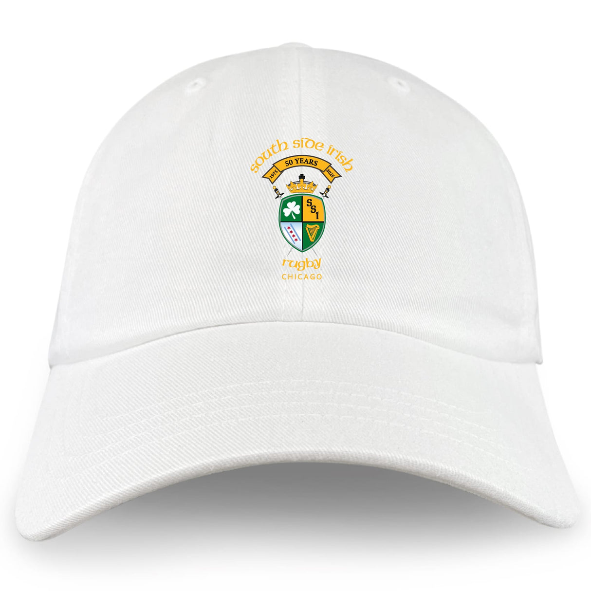 The South Side Irish 50th Anniversary Adult Low-Profile Cotton Twill Dad Cap by EMB S&S Activewear features embroidered team branding with a yellow, green, and black Chicago crest and "50 Years" above the shield.
