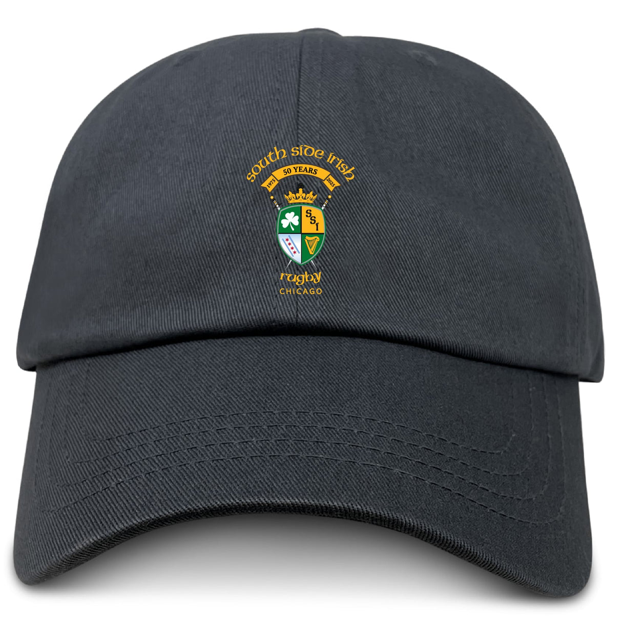 The EMB S&S Activewear South Side Irish 50th Anniversary Adult Low-Profile Cotton Twill Dad Cap in black features embroidered team branding, a crest, and "South Side Irish Rugby Chicago 50 Years" in yellow and green.