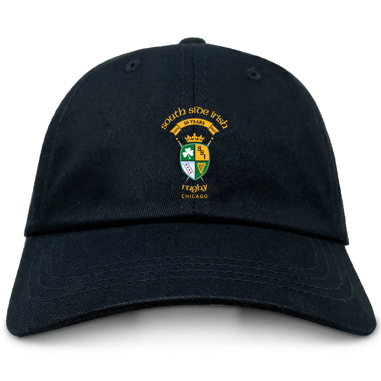 The EMB S&S Activewear South Side Irish 50th Anniversary Adult Low-Profile Cotton Twill Dad Cap features a Chicago crest and yellow embroidered team branding.