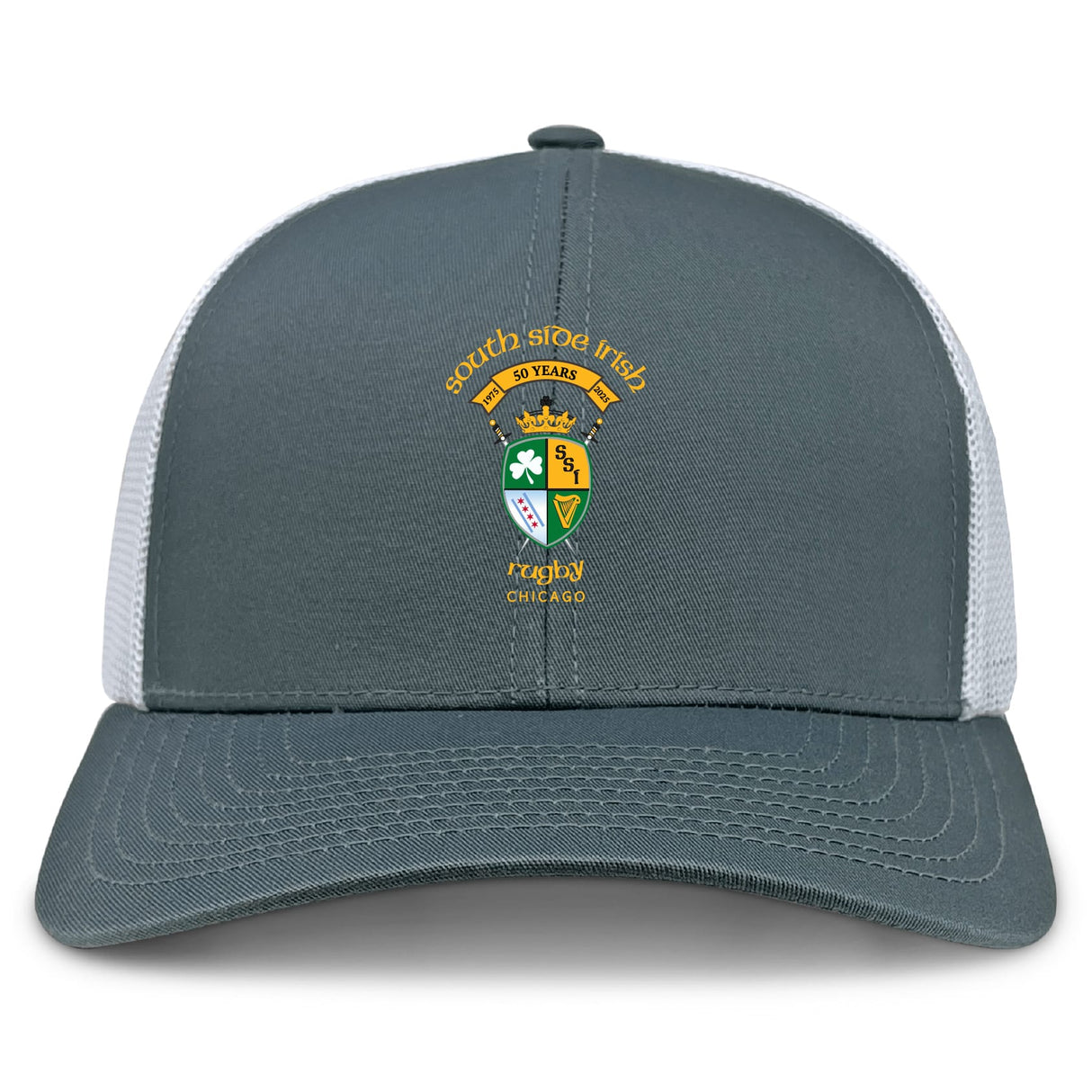 The EMB S&S Activewear South Side Irish 50th Anniversary Retro Trucker Cap features a gray and white design with colorful embroidery and "South Side Irish, 50 Years, Parade, Chicago" on the front.
