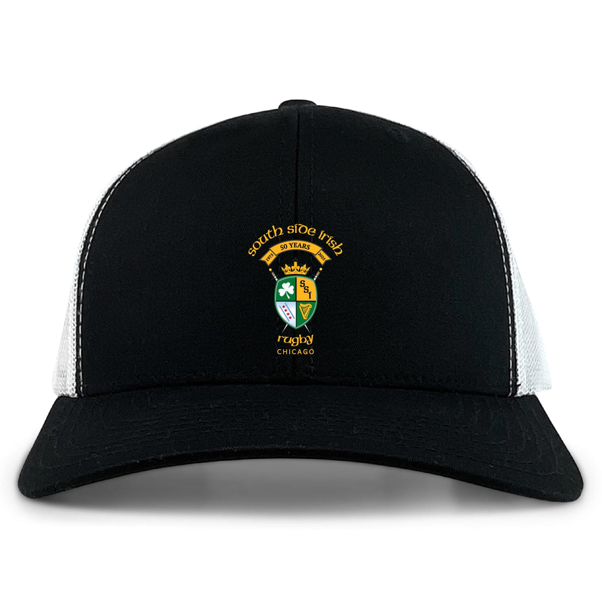 The South Side Irish 50th Anniversary Retro Trucker Cap by EMB S&S Activewear features an embroidered Chicago crest, "50 Years" front text, classic black and white design, and a snapback closure.