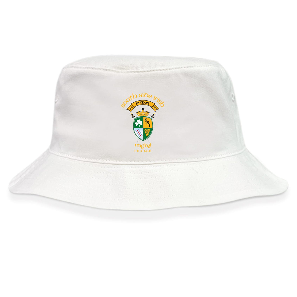 The EMB S&S Activewear South Side Irish 50th Anniversary Crusher Bucket Cap features the team emblem embroidered on the front—a stylish and durable cotton hat for sun protection and celebrating Chicago rugby fandom.