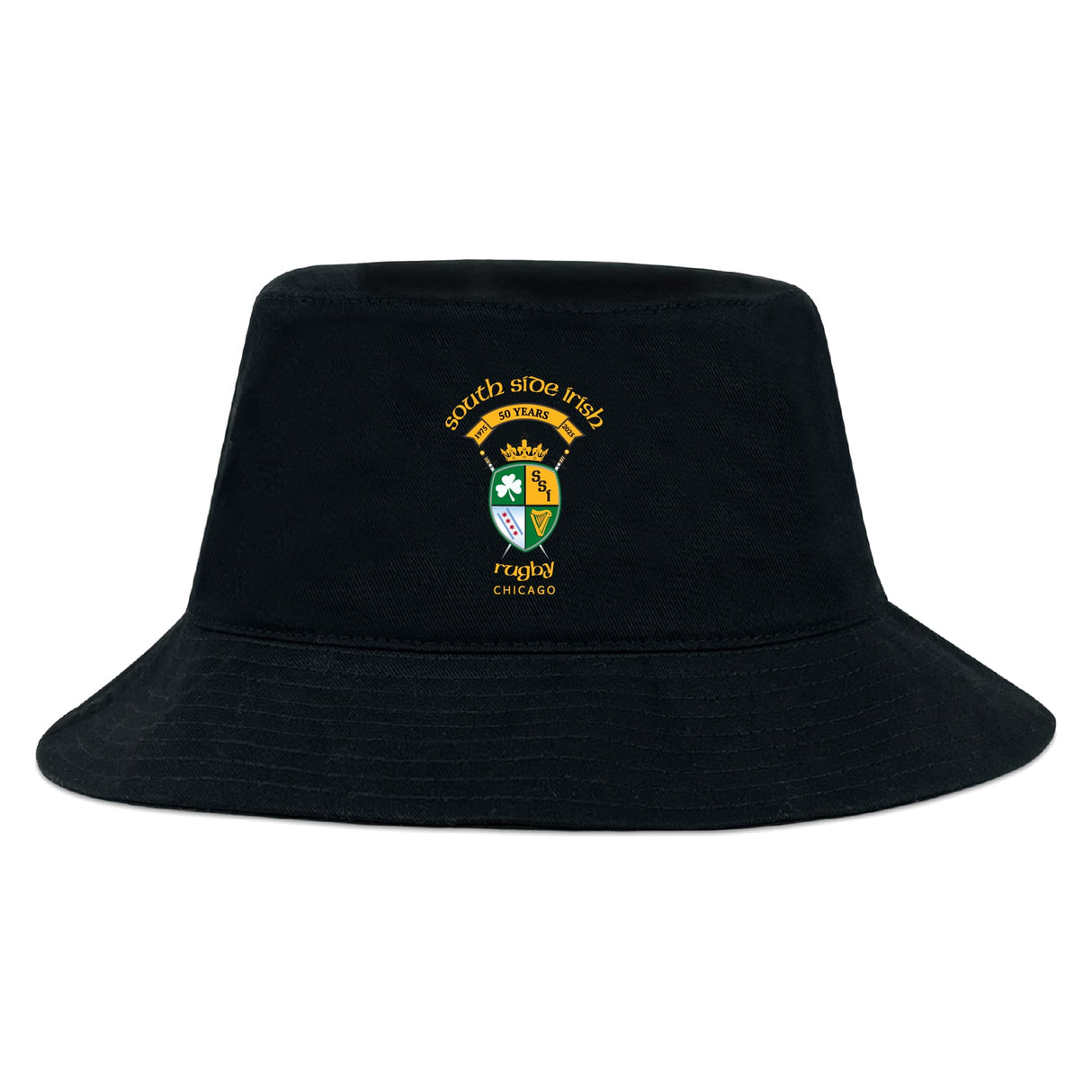 The EMB S&S Activewear South Side Irish 50th Anniversary Crusher Bucket Cap is a black cotton twill hat with an embroidered shield and crown Chicago logo, offering stylish sun protection.