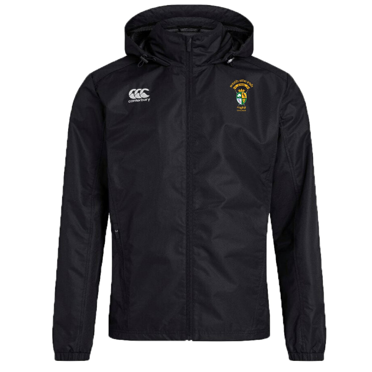 Stay dry and show your team pride in the EMB Canterbury South Side Irish 50th Anniversary Club Vaposhield Full Zip Rain Jacket, featuring a water-resistant finish, right chest Canterbury logo, and colorful "IRISH RUGBY" crest on the left.