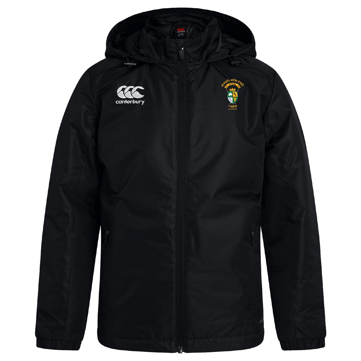 The South Side Irish 50th Anniversary Club Vaposhield Stadium Jacket by EMB Canterbury is a black zip-up hooded jacket with a Canterbury logo on the right chest, an embroidered yellow and green crest on the left, and padded insulation for warmth.