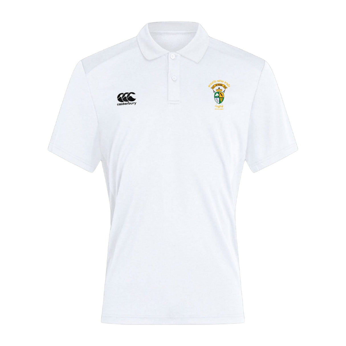 The South Side Irish 50th Anniversary Club Dry Polo by EMB Canterbury features short sleeves, a collar, two chest logos, and Vapodri tech for all-day breathable comfort.