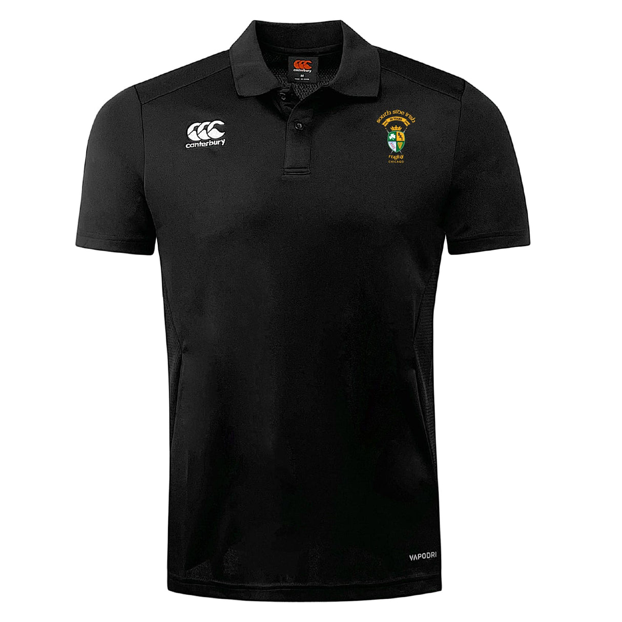 The South Side Irish 50th Anniversary Club Dry Polo by EMB Canterbury is a black short-sleeve polo with a collar and white South African Rugby logos. Made with breathable Vapodri technology for cool, comfortable wear.