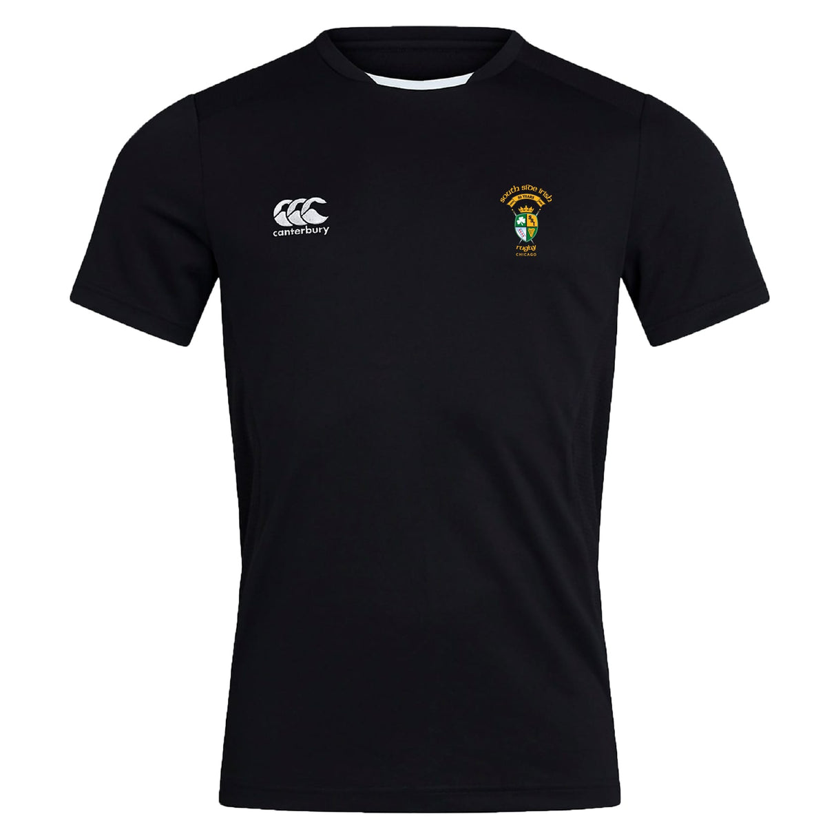 The EMB Canterbury South Side Irish 50th Anniversary Club Dry Tee is a black short-sleeve shirt with a white "Canterbury" logo, colorful chest badge, and Vapodri Technology to keep you cool and comfortable.