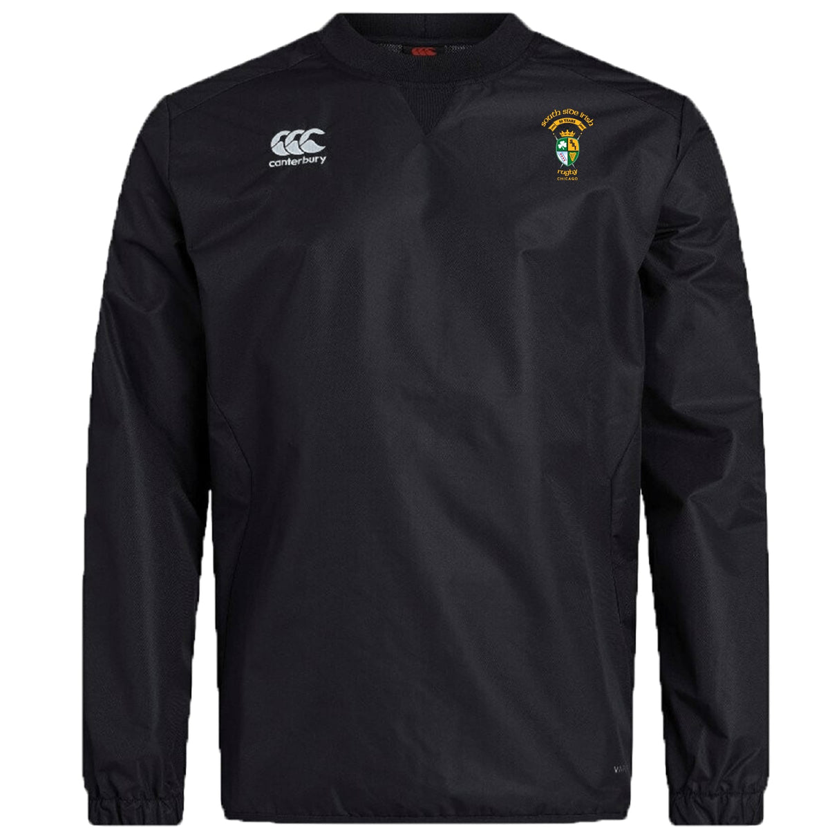 The South Side Irish 50th Anniversary Club Vaposhield Contact Top by EMB Canterbury is a black long-sleeve top with logo and embroidered crest, featuring weather-resistant Vaposhield—perfect customizable sportswear for teams.