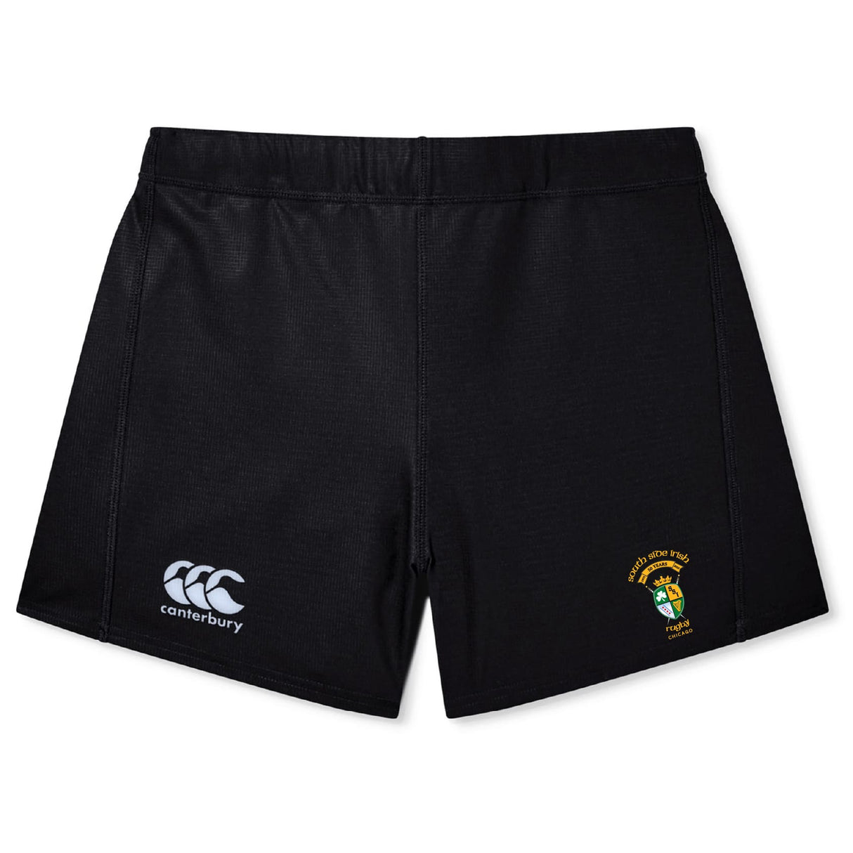The South Side Irish 50th Anniversary Women's Yokohama Short by EMB Canterbury features a left-leg logo, a yellow and green crest with text on the right, and is ideal for women's rugby performance and style.