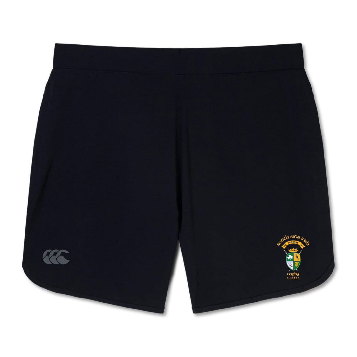 The South Side Irish 50th Anniversary Women's Elite Woven Short by EMB Canterbury features black fabric, a small embroidered emblem on the right leg, a white logo on the left, and secure zippered pockets.