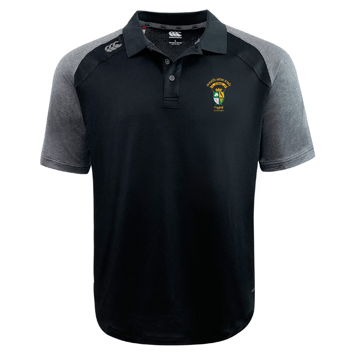 The South Side Irish 50th Anniversary Elite Polo by EMB Canterbury features black and gray Vapodri fabric for a lightweight, durable fit, a collar, button placket, and an embroidered crest on the left chest.