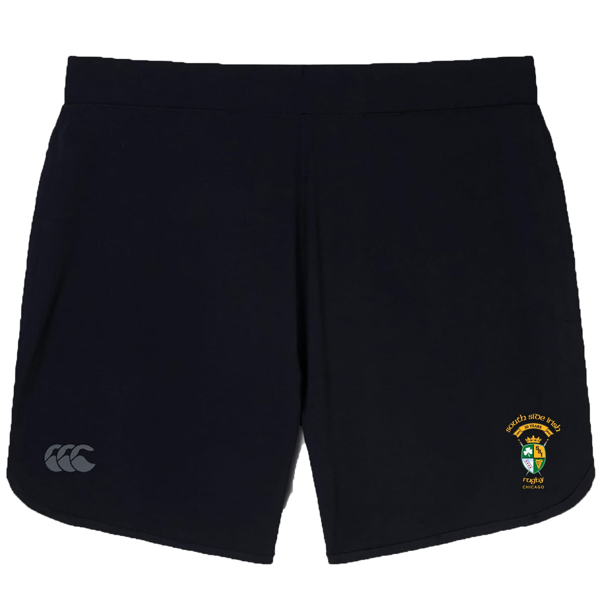 A pair of black South Side Irish 50th Anniversary Elite Woven Shorts by EMB Canterbury, featuring zippered pockets, the Canterbury logo on the left leg, and an embroidered crest with "Rugby" on the right leg.
