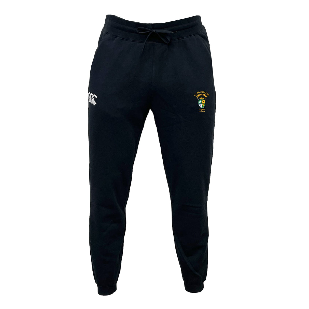 The South Side Irish 50th Anniversary Leisure Sweatpant by EMB Canterbury features a drawstring waist, white "CCC" logo on the left, embroidered crest with text on the right thigh, and is made from sustainable fleece for comfort and eco-friendly style.