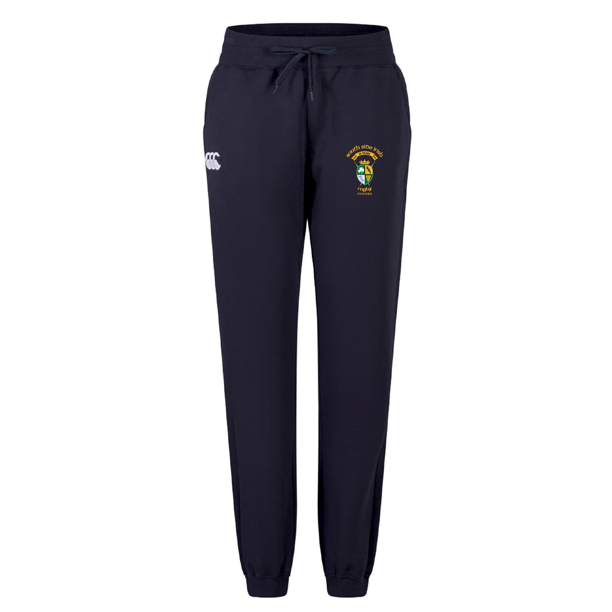 The South Side Irish 50th Anniversary Women's Leisure Sweatpant by EMB Canterbury features a navy blue design, drawstring waist, white logo on the left thigh, and an embroidered crest with yellow text on the right thigh.