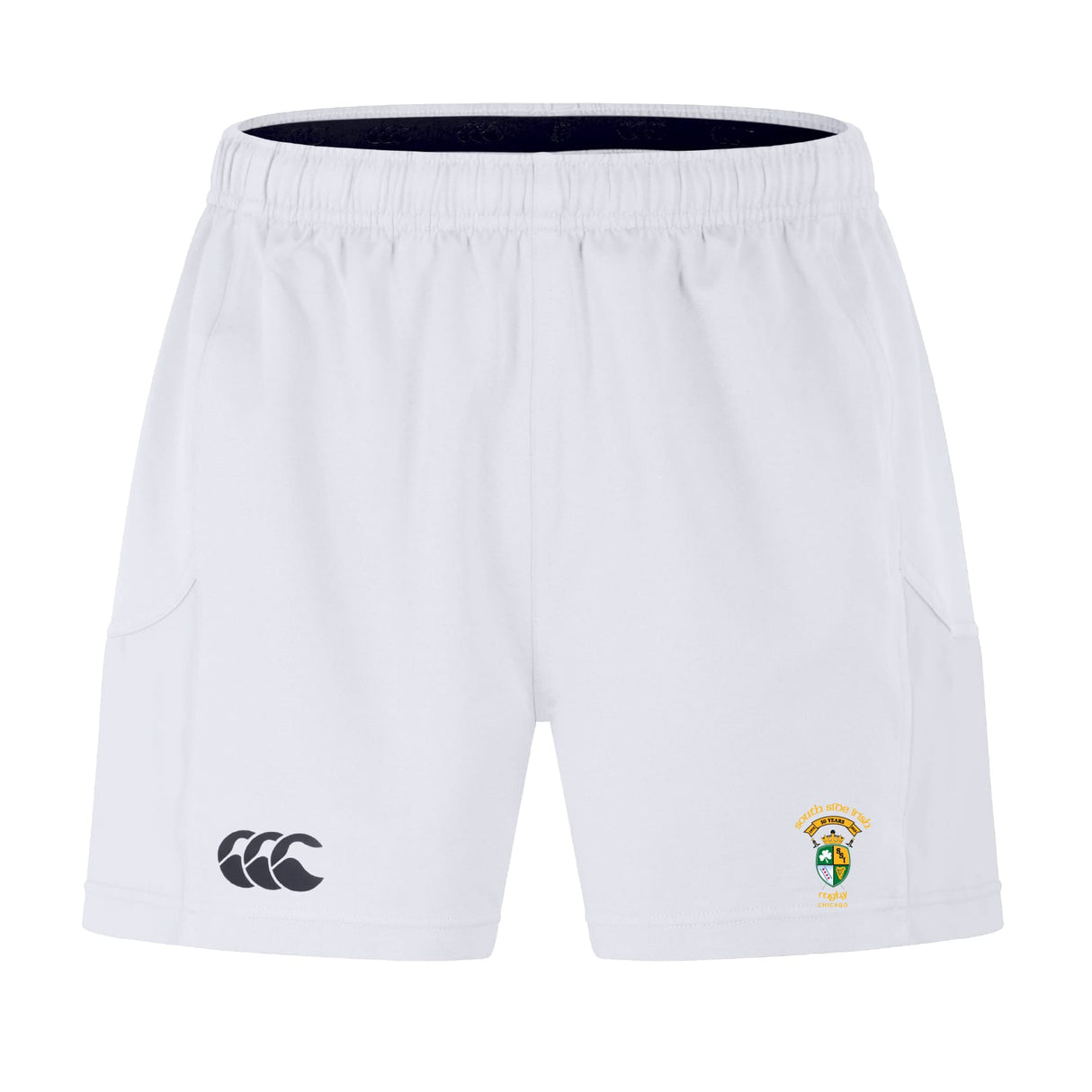 The EMB Canterbury South Side Irish 50th Anniversary Advantage Short 2.0 features an elastic waistband, the Canterbury logo on the left leg, and a special crest on the right—performance shorts crafted for comfort and style.