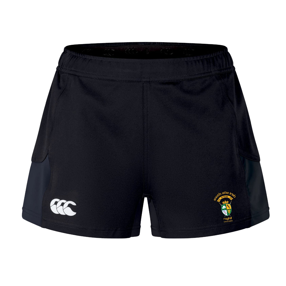 The South Side Irish 50th Anniversary Women's Advantage Short 2.0 by EMB Canterbury features a left-leg Canterbury logo and a right-leg badge, making these performance shorts ideal for rugby or workouts.