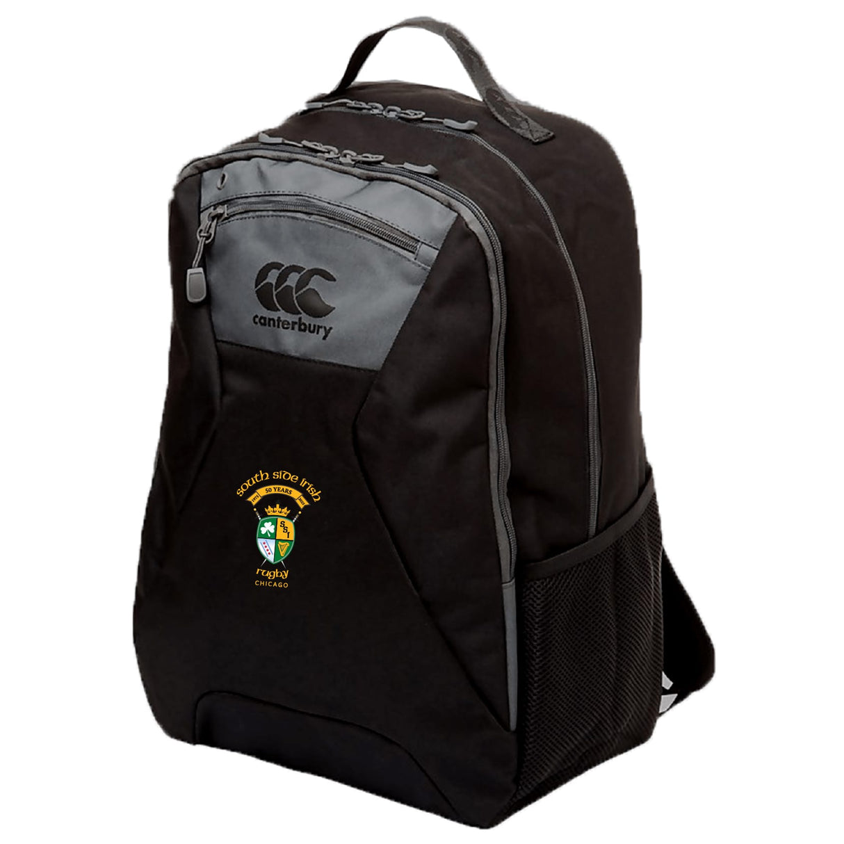The South Side Irish 50th Anniversary Medium Backpack by EMB Canterbury features gray accents, a zippered front pocket, mesh side pocket, and an embroidered crest—ideal for carrying your athletic gear.