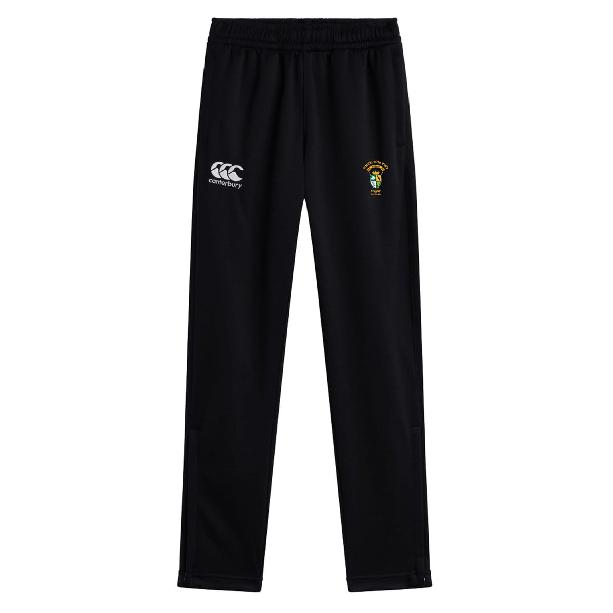 South Side Irish 50th Anniversary Stretch Tapered Pant by EMB Canterbury features a white Canterbury logo and embroidered crest, plus quick-dry fabric for comfort—ideal men's workout pants.