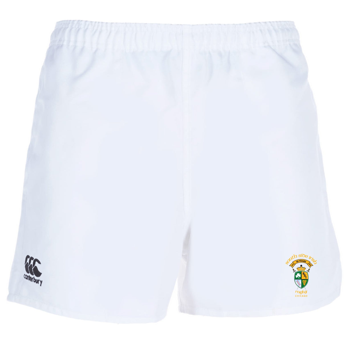 The South Side Irish 50th Anniversary Professional Polyester Rugby Short by EMB Canterbury features an elastic waistband, Canterbury logo on the left leg, and a green and yellow crest on the right leg.