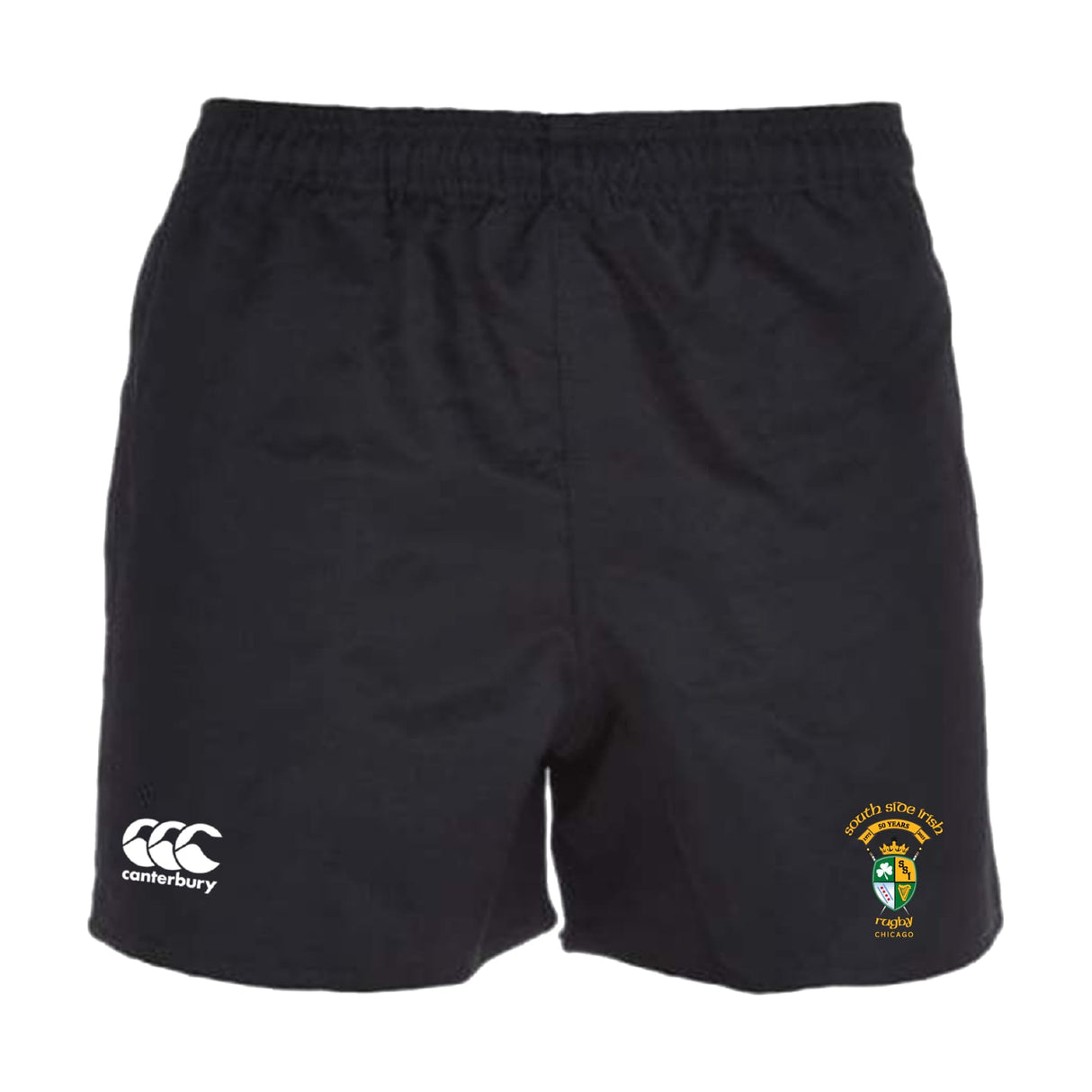 The South Side Irish 50th Anniversary Professional Polyester Rugby Short by EMB Canterbury features an elastic waistband, embroidered crest, Canterbury logo, and practical pockets—perfect for training or matches.