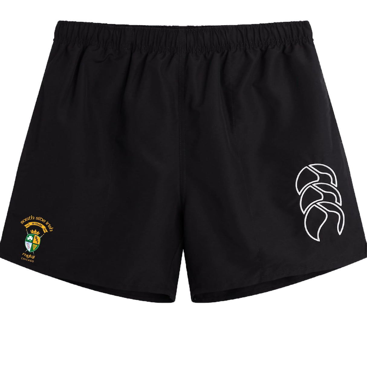 The South Side Irish 50th Anniversary Tactic Short by EMB Canterbury features an elastic waistband, white right-leg logo, and embroidered crest with text on the left. Lightweight and perfect for men’s rugby training or workouts.