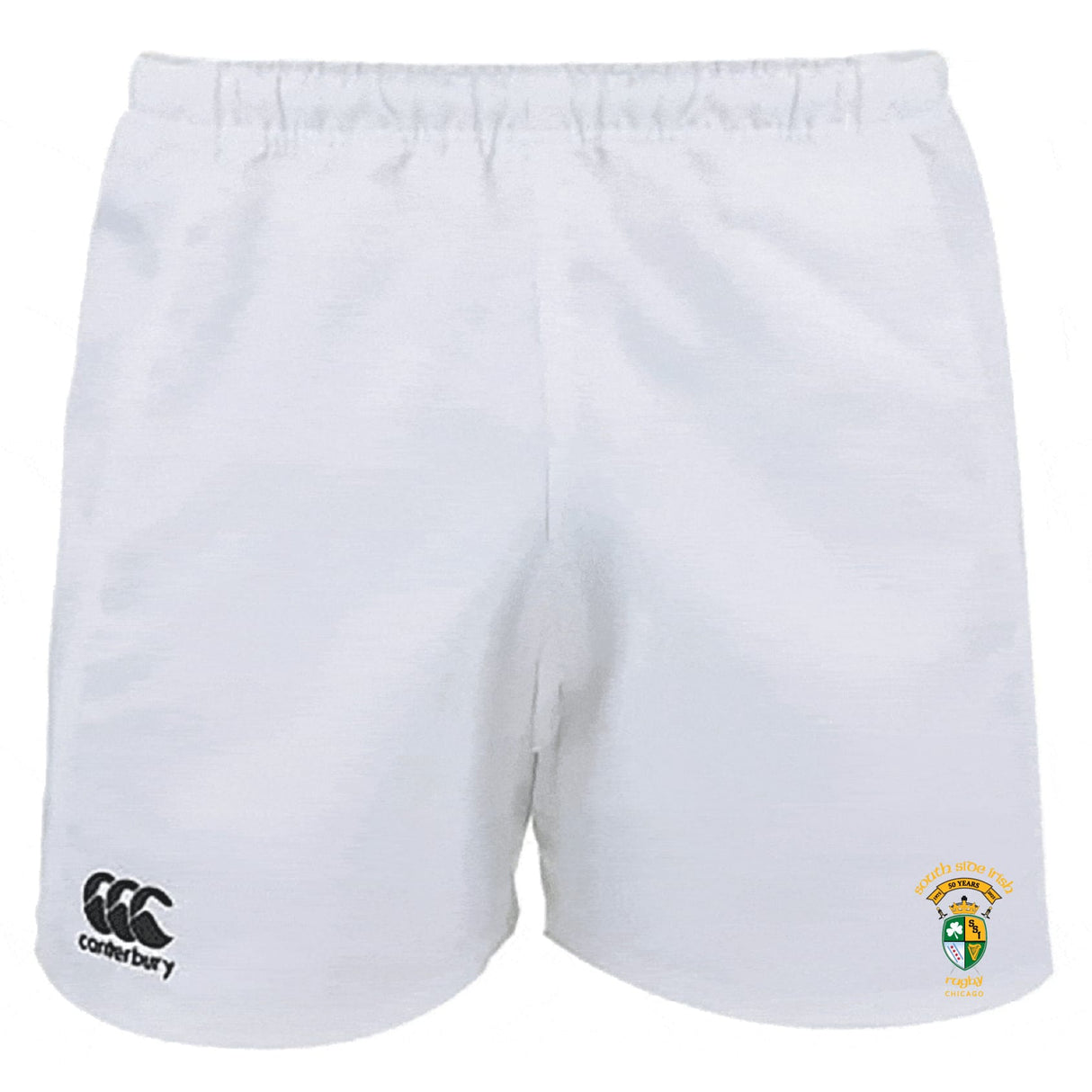 South Side Irish 50th Anniversary Advantage Rugby Shorts by EMB Canterbury, featuring an elastic waistband, CCC logo on the left leg, and embroidered crest on the right.