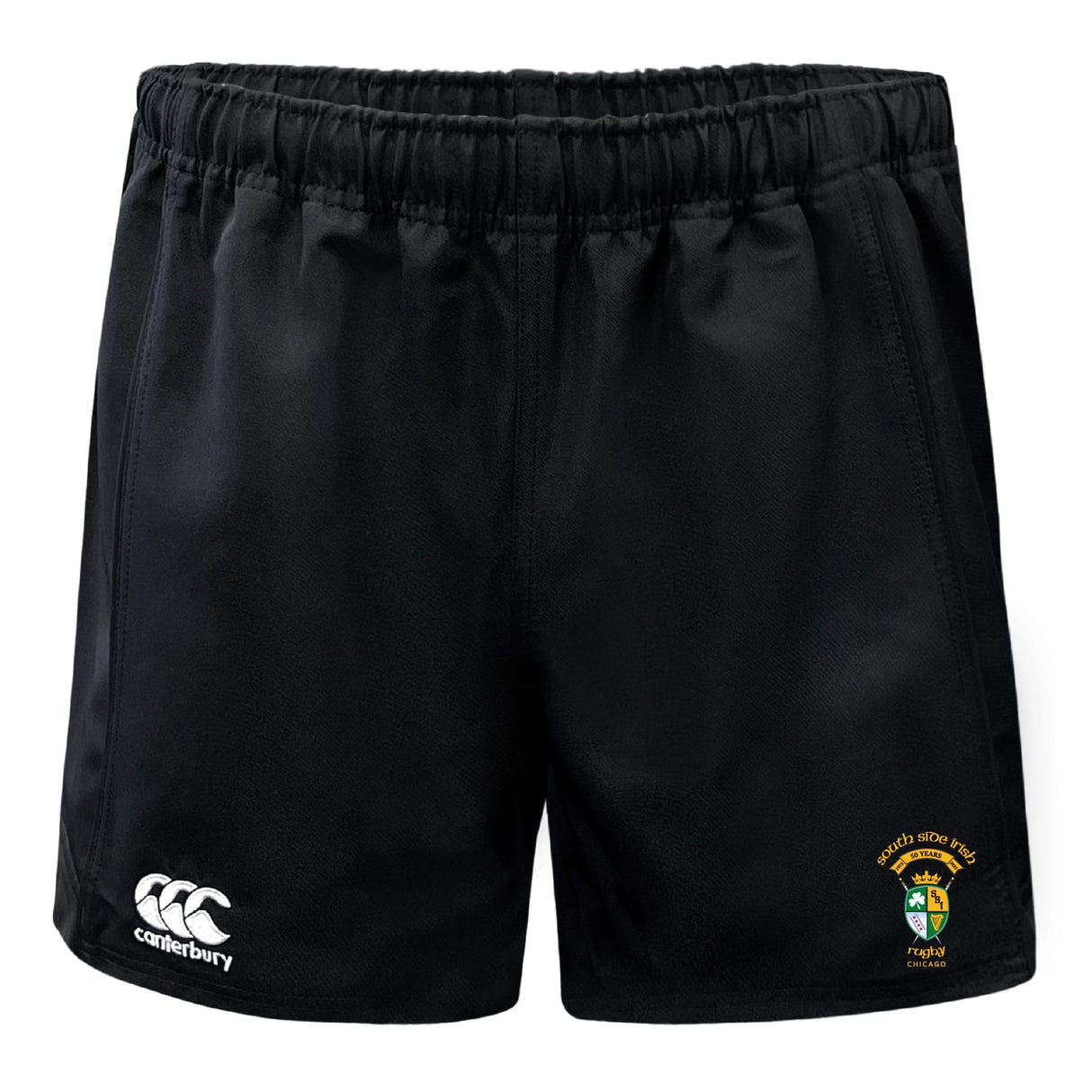 The South Side Irish 50th Anniversary Advantage Rugby Shorts by EMB Canterbury are black athletic shorts with an elastic waistband, CCC logo, and a green and yellow embroidered crest on the front.