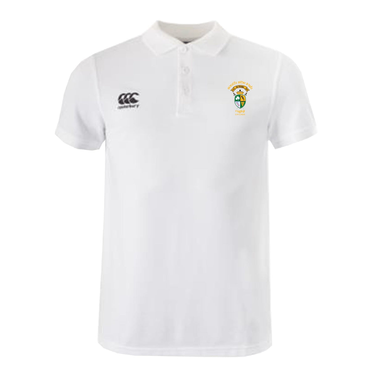 The EMB Canterbury South Side Irish 50th Anniversary Waimak Polo is a white short-sleeve rugby polo with a three-button collar, black Canterbury logo, and colorful embroidered crest—classic style by Canterbury.