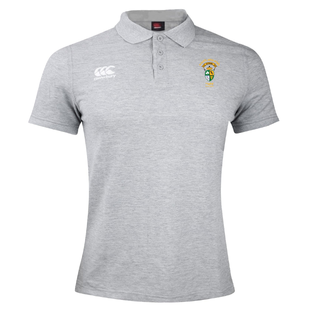 The EMB Canterbury South Side Irish 50th Anniversary Waimak Polo features light grey fabric, short sleeves, a classic collar with three buttons, and two embroidered chest logos.