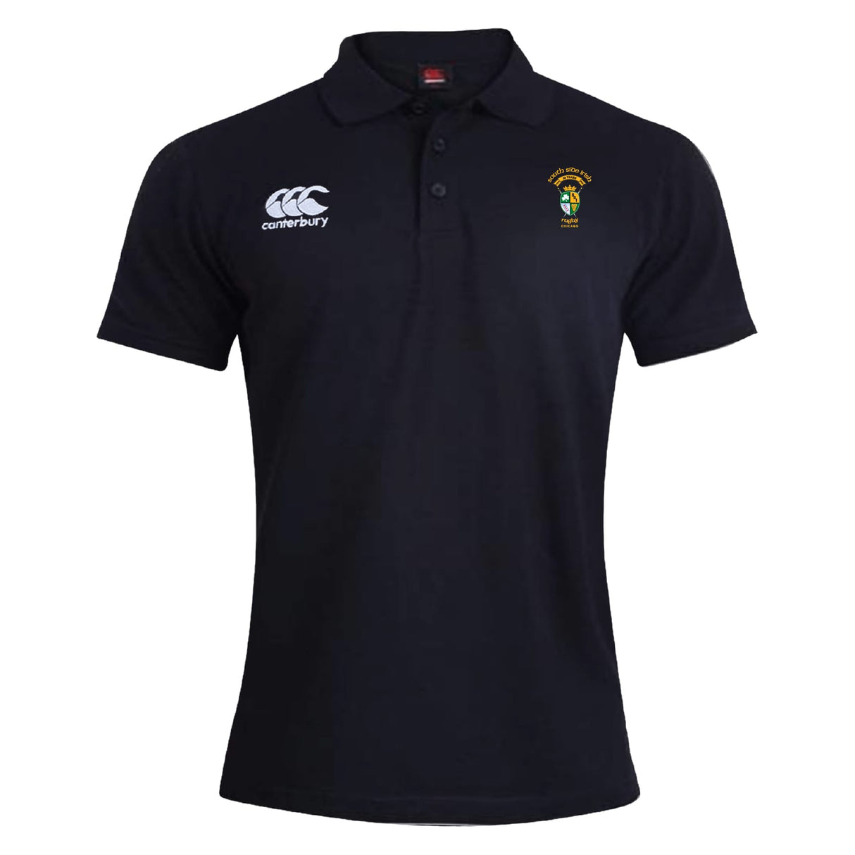 The South Side Irish 50th Anniversary Waimak Polo by EMB Canterbury is a black men's rugby polo with a white Canterbury logo on the right chest and an embroidered crest on the left, blending classic style with sporty appeal.