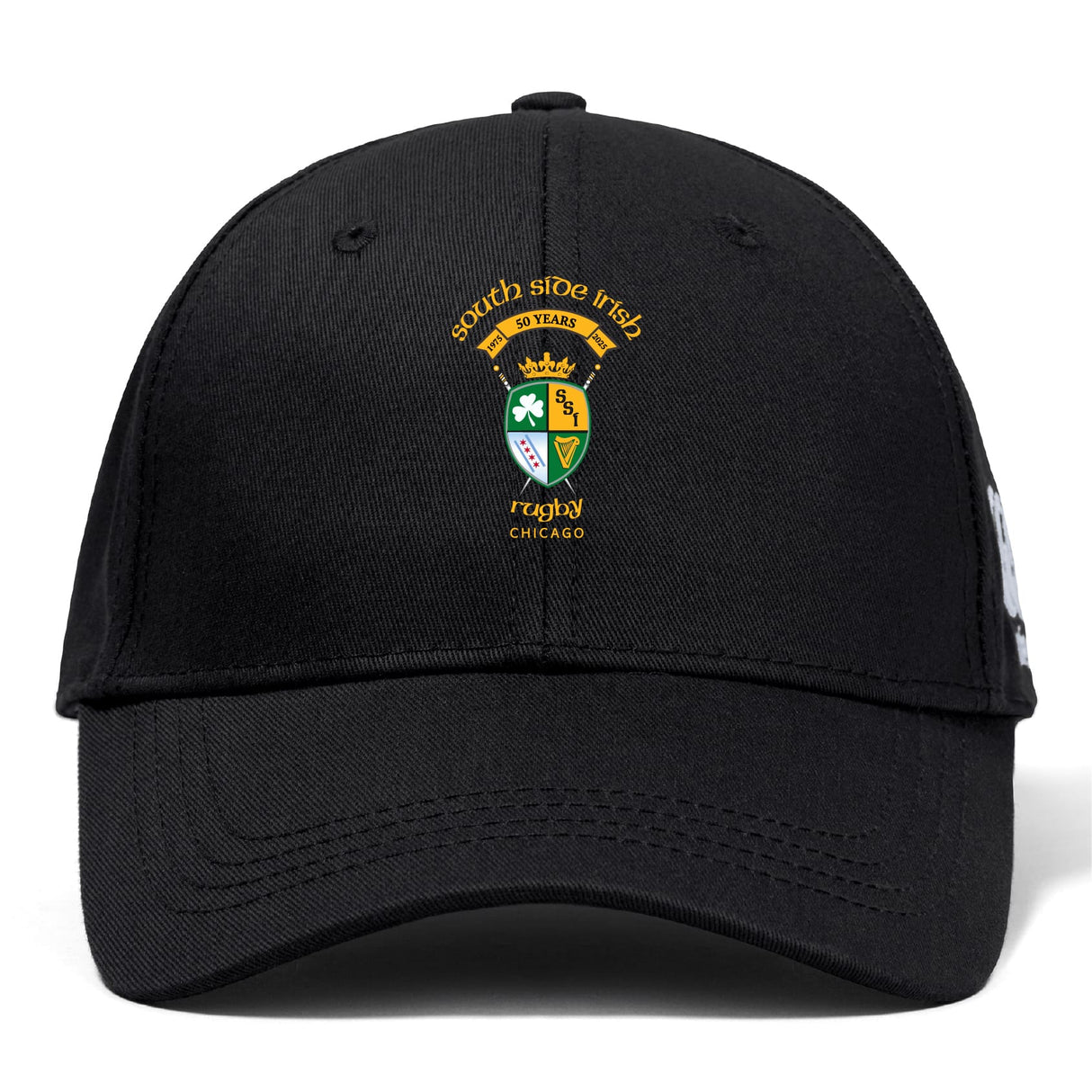 The South Side Irish 50th Anniversary Flexfit Drill Cap by EMB Canterbury features the Chicago crest and "50 Years" embroidered on the front.