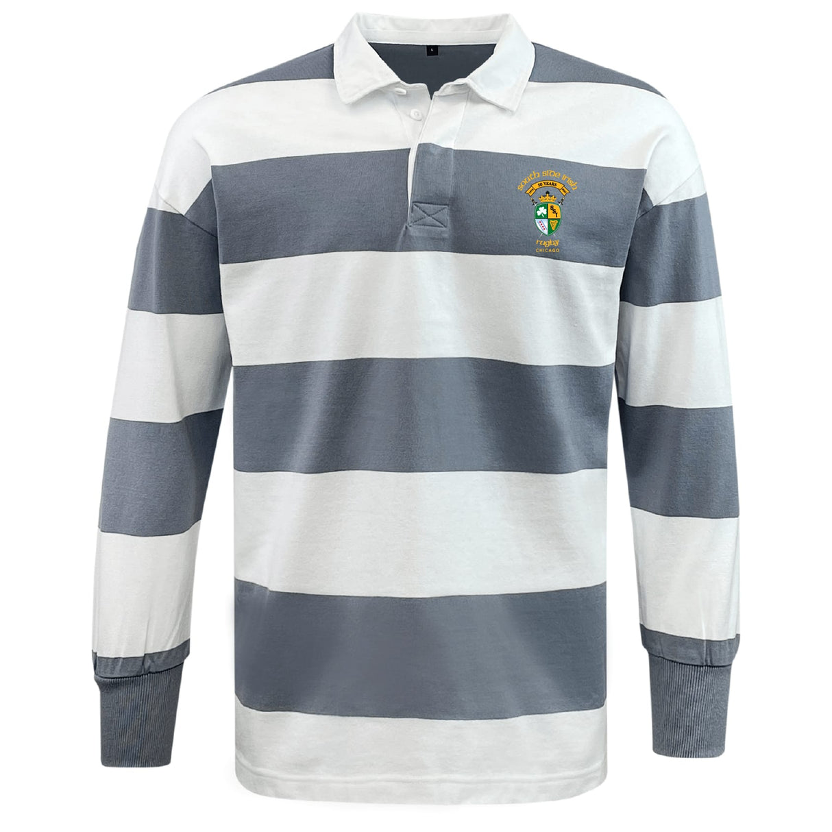 The EMB Mudoo South Side Irish 50th Anniversary Classic Long Sleeve Hooped Rugby Jersey features wide gray and white stripes, a white collar, and an embroidered crest for a timeless vintage rugby look.