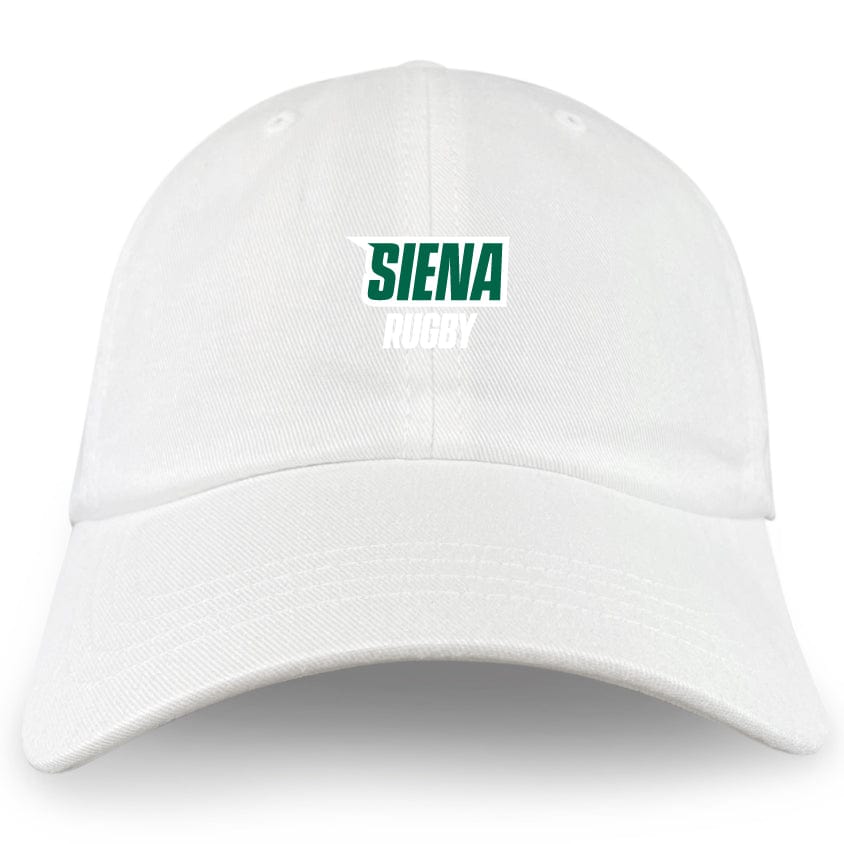 The Siena College Adult Low-Profile Cotton Twill Dad Cap by EMB S&S Activewear features "Siena Rugby" embroidered in green and white on the front with a classic low-profile design.