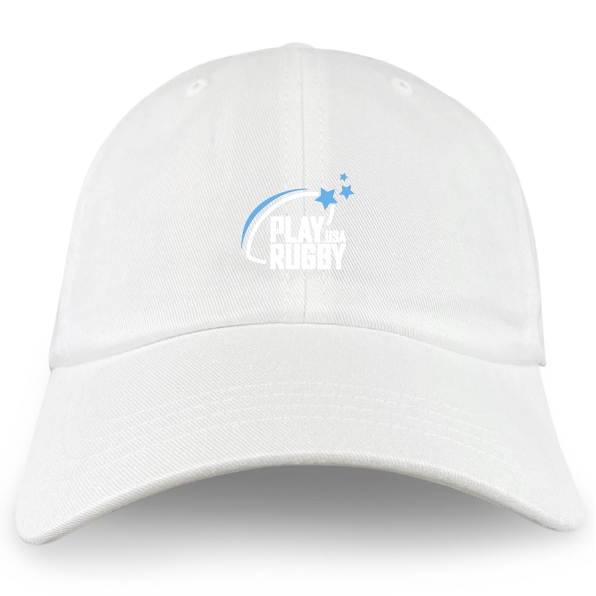 The Play Rugby USA Adult Low-Profile Cotton Twill Dad Cap by EMB S&S Activewear features an arc "Play USA Rugby" logo with blue stars and front embroidered team branding.