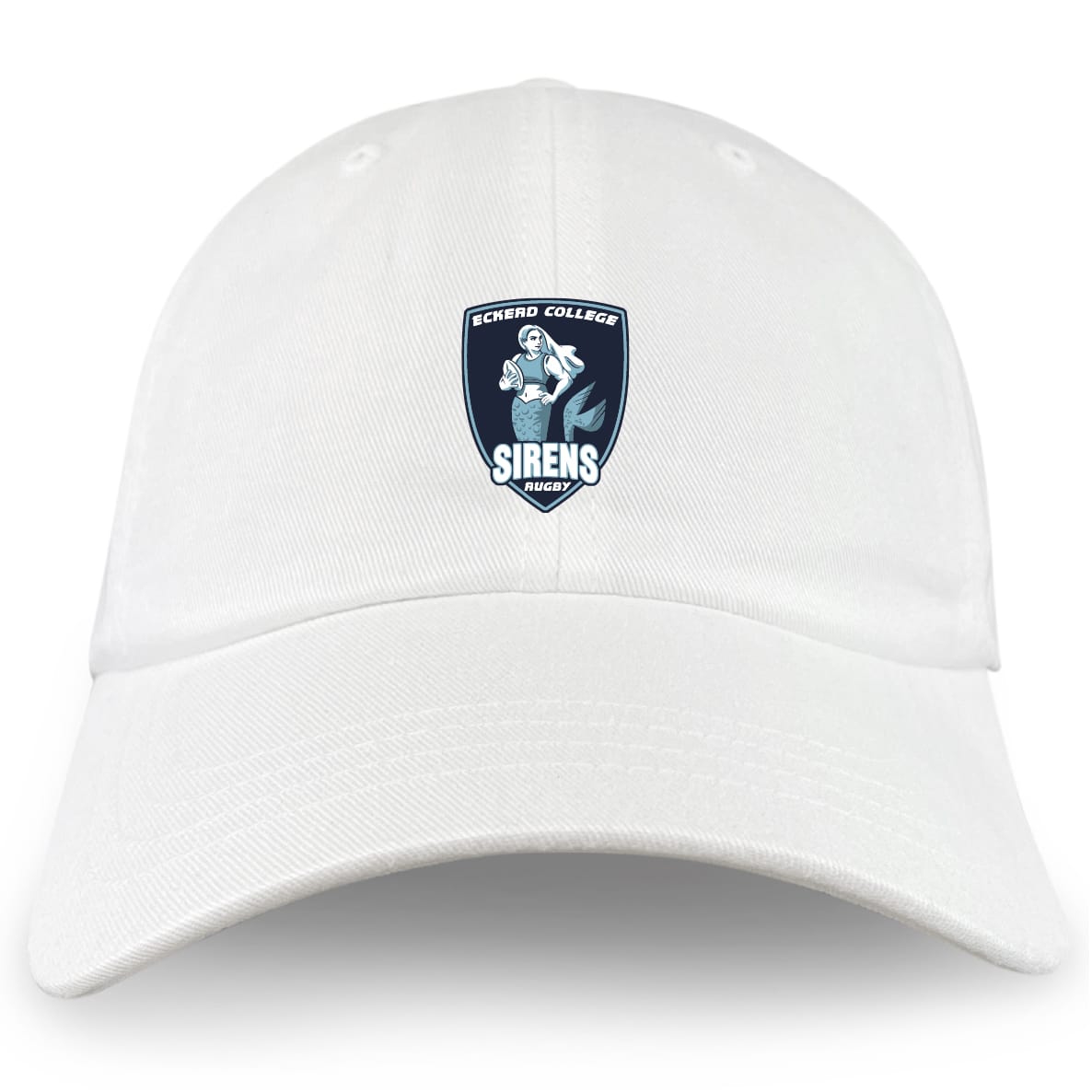 The EMB S&S Activewear Eckerd College Adult Low-Profile Cotton Twill Dad Cap features embroidered Sirens Rugby team branding on the front center panel.