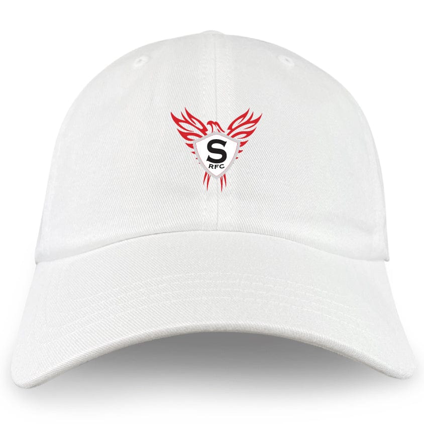 The Superior Rugby Adult Low-Profile Cotton Twill Dad Cap by EMB S&S Activewear features white cotton twill and team embroidery—a red and black phoenix logo with “S” and “RFC” on the front.