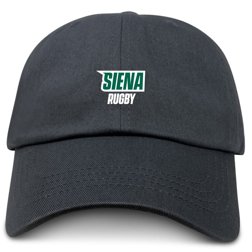 The Siena College Adult Low-Profile Cotton Twill Dad Cap by EMB S&S Activewear is a black dad cap with "SIENA RUGBY" embroidered in green and white team branding on the front.