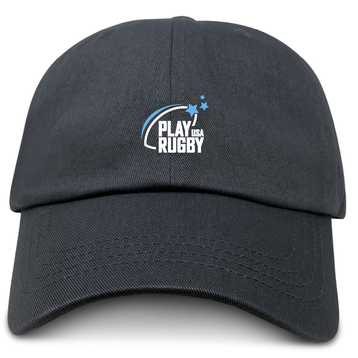 The Play Rugby USA Adult Low-Profile Cotton Twill Dad Cap by EMB S&S Activewear features black cotton twill, with "PLAY USA RUGBY" and a stylized rugby ball logo embroidered in white and blue on the front.