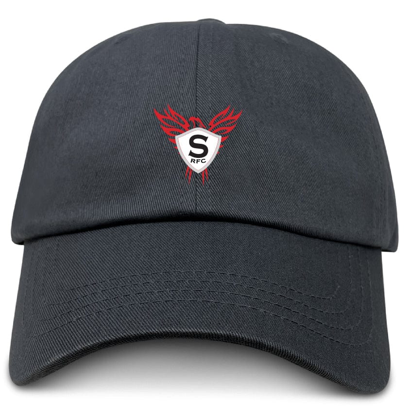 The Superior Rugby Adult Low-Profile Cotton Twill Dad Cap by EMB S&S Activewear is black with embroidered red and white team branding featuring an "S" and "RFC" on the front.